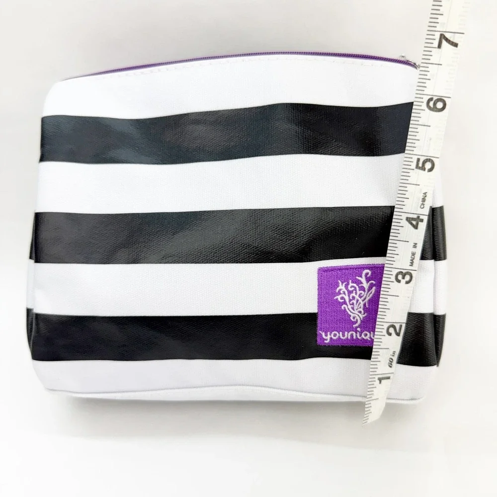 Younique Makeup Bag Black White Striped Cosmetic Pouch Purple Satin Lining 9x6.5